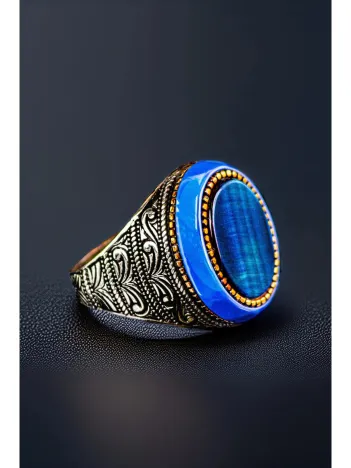 Erkek Kehribar Detaylı Mavi Kaplan Gözü Taşı 925 Ayar Gümüş Yüzük Erkek Kehribar Detaylı Mavi Kaplan Gözü Taşı 925 Ayar Gümüş Yüzük