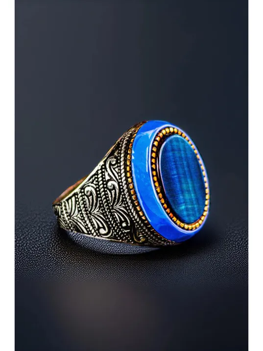 Erkek Kehribar Detaylı Mavi Kaplan Gözü Taşı 925 Ayar Gümüş Yüzük