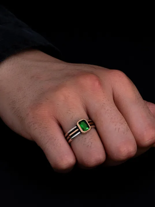Erkek Gümüş Yüzük - Yeşil Zümrüt Taşlı İnce Kibar Erkek Yüzüğü