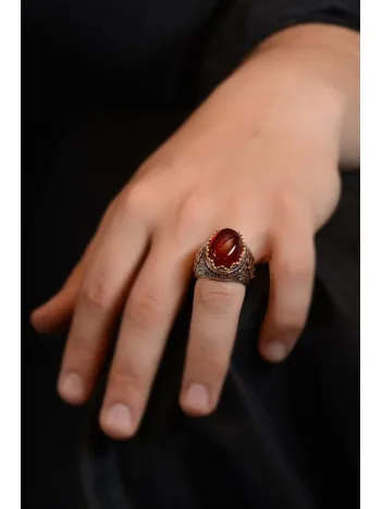 Kırmızı Zirkon Taşlı İşlemeli Erkek Gümüş Yüzük