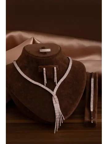 Kadın Gümüş Takı Seti - Sedef Zirkon Taşlı Kolye, Bileklik, Yüzük, Küpe Tam Set