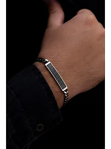 Erkek Gümüş Bileklik -Taç Mahal Oksitli Gurmet Zincir Siyah Zirkon Taşlı Gümüş Bileklik