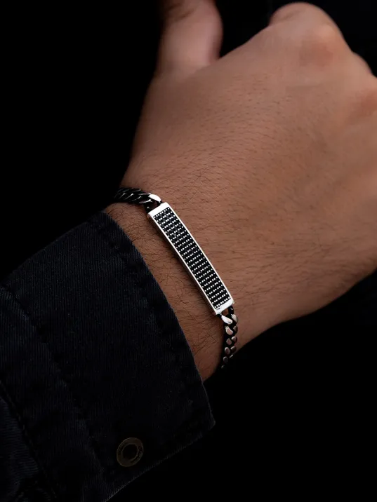 Erkek Gümüş Bileklik -Taç Mahal Oksitli Gurmet Zincir Siyah Zirkon Taşlı Gümüş Bileklik