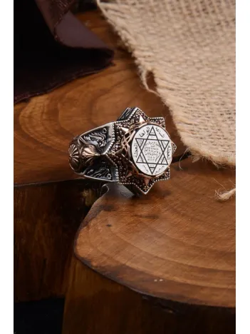 Mühr-ü Süleyman Yazılı Yanı Miğfer Kalkan İşlemeli Erkek Gümüş Yüzük