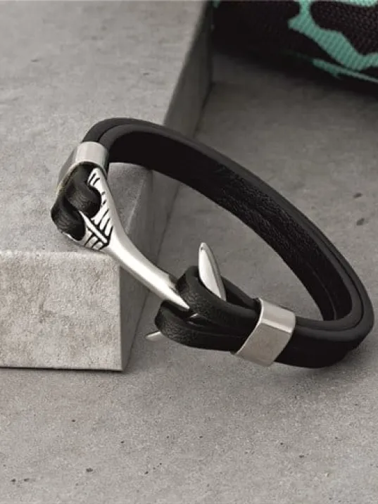 Erkek Çelik Bileklik - Erkek Deri Bileklik -  Çapa Figürlü Şık Erkek Bileklik