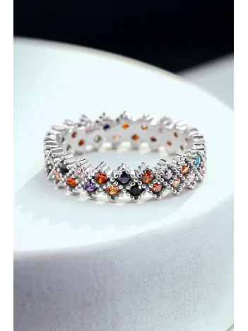 Kadın Gümüş Yüzük - Renkli Zirkon Taşlı Çift Sıra Tamtur Gümüş Yüzük