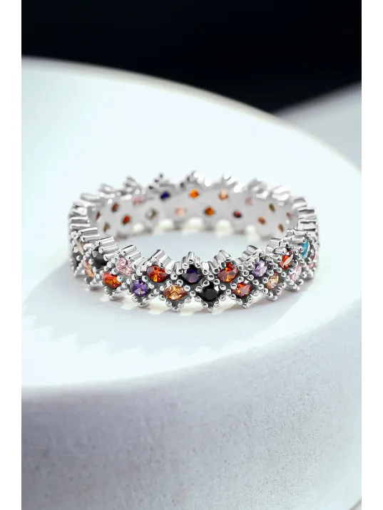 Kadın Gümüş Yüzük - Renkli Zirkon Taşlı Çift Sıra Tamtur Gümüş Yüzük