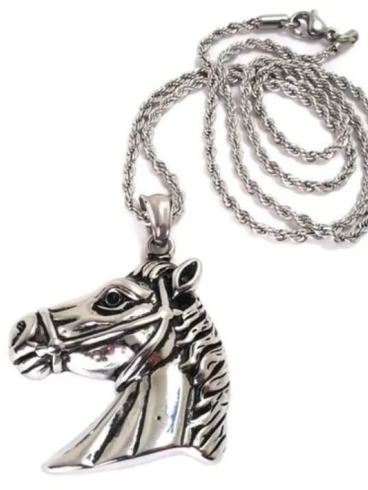 At Kafası Çelik Erkek Kolye Zincir Gümüş Renk