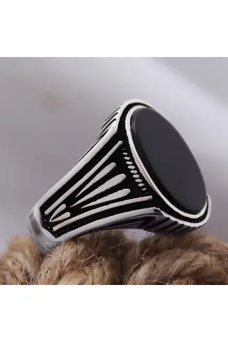 Oval Siyah Oniks Taşlı Özel Seri Erkek Gümüş Yüzük
