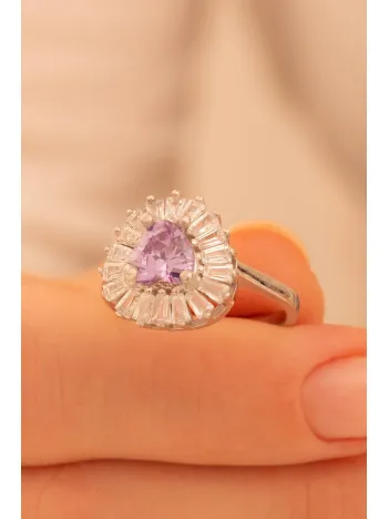 Kadın Gümüş Yüzük - Kalp Model Ametist Taşlı Baget Süslemeli Rodyumlu Kadın Yüzük