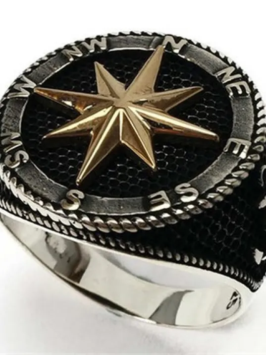 Pusula Çapa Dümen Motifli Gemici Gümüş Erkek Yüzüğü Pusula Çapa Dümen Motifli Gemici Gümüş Erkek Yüzüğü