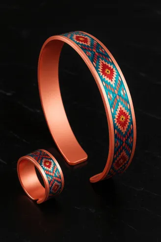 Kadın Bakır Bileklik Yüzük Set - Rainbow Model Özel Baskı Metal Kutu Ve Kuvars Taşı