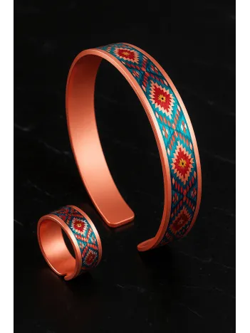 Kadın Bakır Bileklik Yüzük Set - Rainbow Model Özel Baskı Metal Kutu Ve Kuvars Taşı