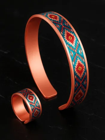 Kadın Bakır Bileklik Yüzük Set - Rainbow Model Özel Baskı Metal Kutu Ve Kuvars Taşı