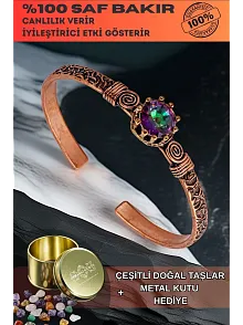 Kadın Bakır Bileklik - Mistik Topaz Model 2 Ağaç Kabuğu Model İnce Metal Kutu Doğal Taşlar Bilezik
