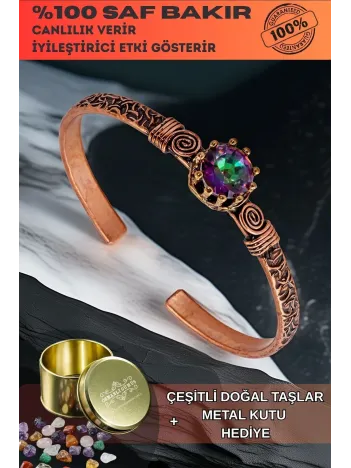 Kadın Bakır Bileklik - Mistik Topaz Model 2 Ağaç Kabuğu Model İnce Metal Kutu Doğal Taşlar Bilezik