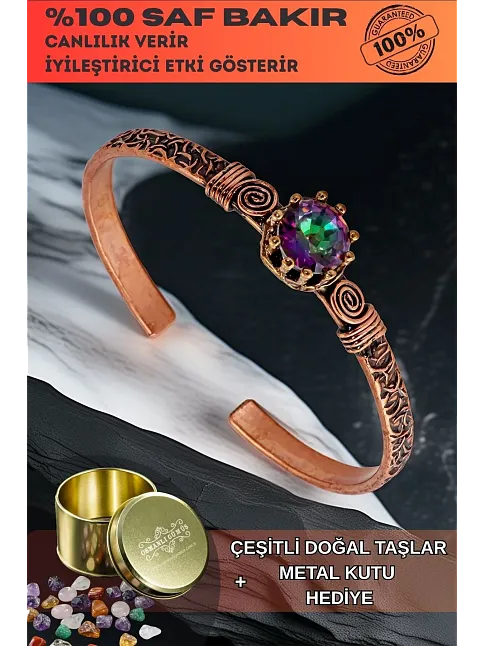 Kadın Bakır Bileklik - Mistik Topaz Model 2 Ağaç Kabuğu Model İnce Metal Kutu Doğal Taşlar Bilezik