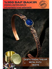 Bakır Kelepçe Bilezik Lacivert Lapis Doğal Taşlı Erkek Kadın Doğal Taşlar ve Metal Kutulu
