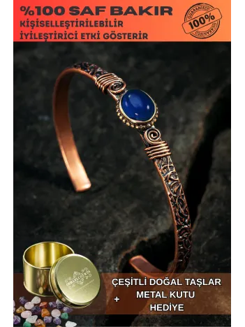 Bakır Kelepçe Bilezik Lacivert Lapis Doğal Taşlı Erkek Kadın Doğal Taşlar ve Metal Kutulu