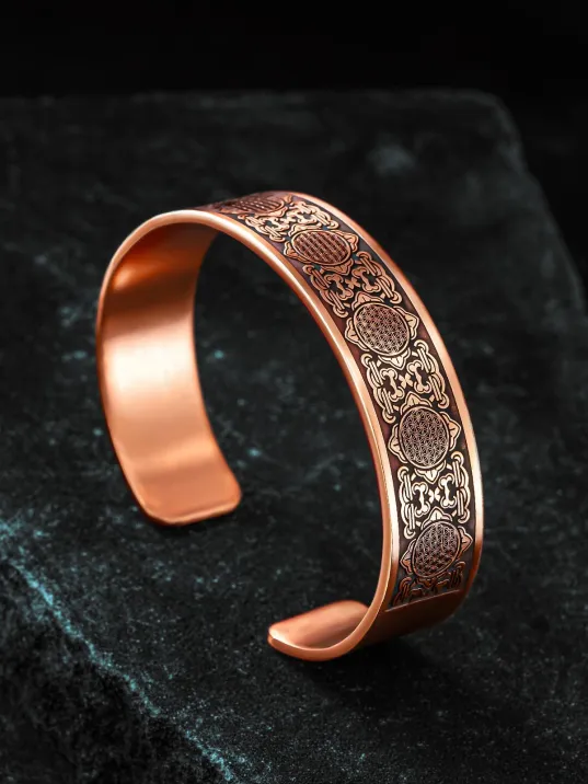 Erkek Bakır Bileklik - Lotus Çiçeği - Yaşam Çiçeği Erkek Kelepçe Bileklik Bilezik