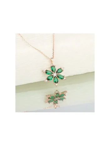 Damla Taşlı Çiçek Figürlü Zümrüt Taşlı Gümüş Kolye