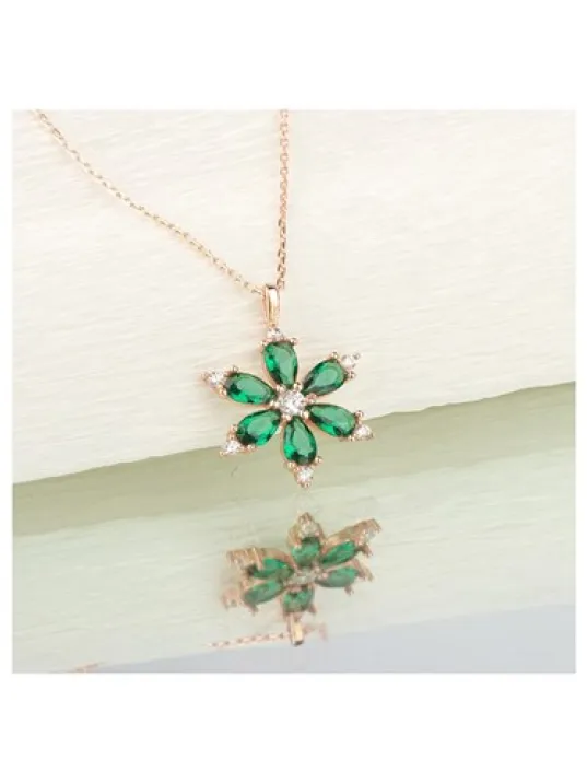 Damla Taşlı Çiçek Figürlü Zümrüt Taşlı Gümüş Kolye