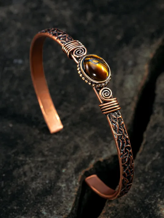 Bakır Kelepçe Bilezik Kaplan Gözü Doğal Taş Erkek Kadın Doğal Taşlar ve Metal Kutulu