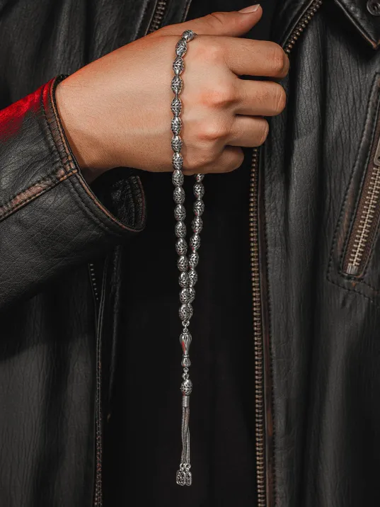 Erkek Tesbih - Efsun Oksitli 925 Ayar Gümüş Erkek Tespih Büyük Boy 41gr