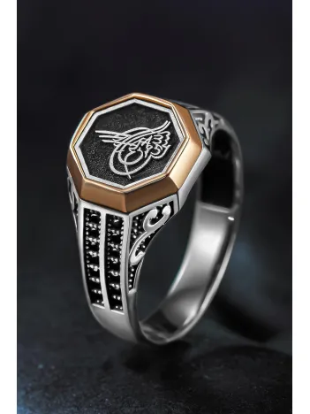 Erkek Gümüş Yüzük - Zirkon Taşlı Osmanlı Tuğrası İşlemeli Erkek Yüzük