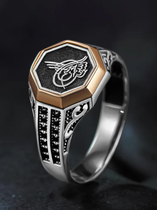 Erkek Gümüş Yüzük - Zirkon Taşlı Osmanlı Tuğrası İşlemeli Erkek Yüzük