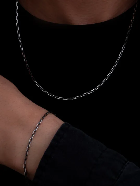 Erkek Gümüş Kolye Bileklik Set - 925 Ayar Oksitli Forse Zincir Gümüş Kolye Bileklik Set