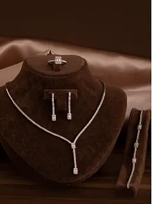 Kadın Gümüş Takı Seti - Süreyya Baget Taşlı Kare Model Kolye, Bileklik, Yüzük, Küpe Tam Set