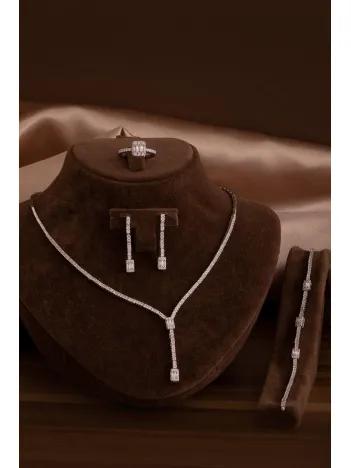 Kadın Gümüş Takı Seti - Süreyya Baget Taşlı Kare Model Kolye, Bileklik, Yüzük, Küpe Tam Set