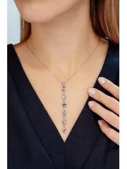 Kadın Renkli Taşlı Zarif 925 Ayar Gümüş Kolye