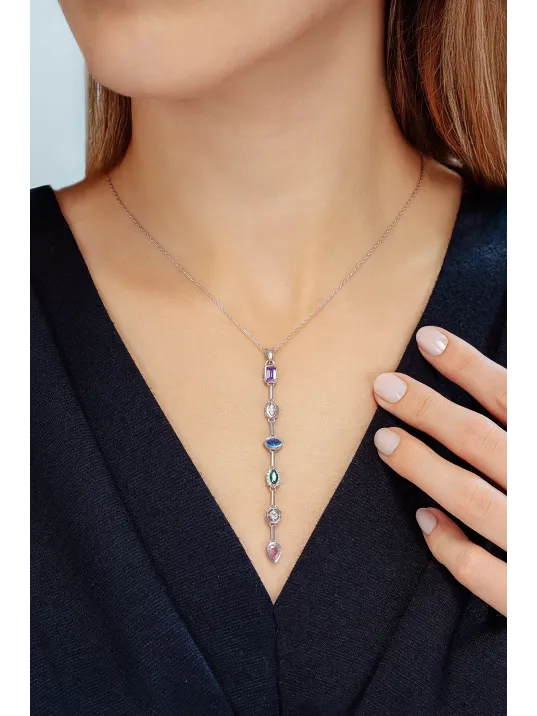 Kadın Renkli Taşlı Zarif 925 Ayar Gümüş Kolye