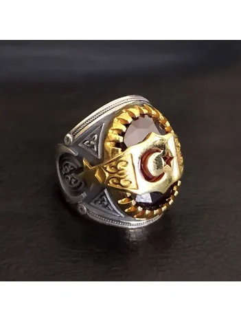 Kırmızı Zirkon Taşlı Ay Yıldız Erkek Gümüş Yüzük