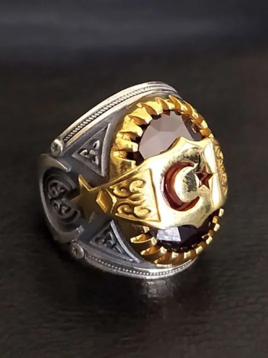 Kırmızı Zirkon Taşlı Ay Yıldız Erkek Gümüş Yüzük