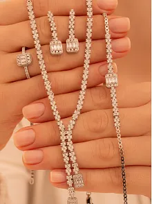 Kadın Gümüş Takı Seti - Sultan Baget Taşlı Zirkon Süslemeli Kolye, Bileklik, Yüzük, Küpe Tam Set