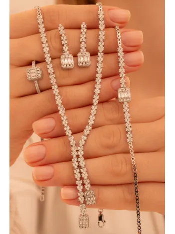 Kadın Gümüş Takı Seti - Sultan Baget Taşlı Zirkon Süslemeli Kolye, Bileklik, Yüzük, Küpe Tam Set