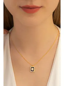 Kare Baget Taşlı Kadın Gümüş Kolye Zincir GKLKRBGTM1D-ROS-Sarı