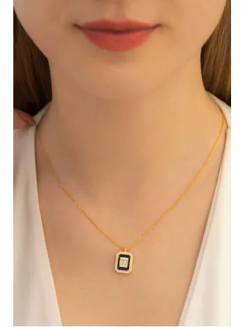 Kare Baget Taşlı Kadın Gümüş Kolye Zincir GKLKRBGTM1D-ROS-Sarı