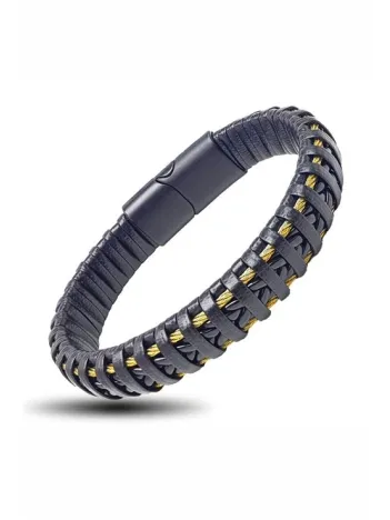 Manyetik Tokalı Renk Detaylı Örme Deri Erkek Bileklik-Sarı