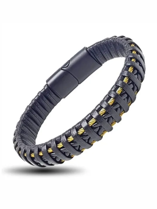 Manyetik Tokalı Renk Detaylı Örme Deri Erkek Bileklik-Sarı