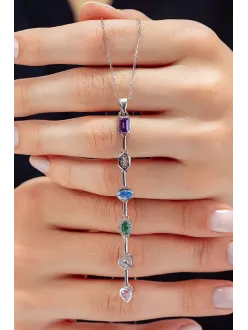 Kadın Renkli Taşlı Zarif 925 Ayar Gümüş Kolye