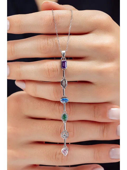 Kadın Renkli Taşlı Zarif 925 Ayar Gümüş Kolye