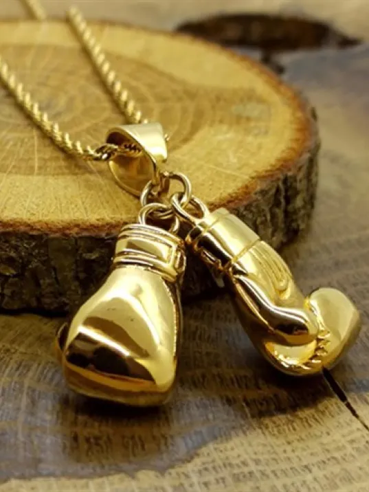 Altın Çift Çelik Boks Eldiveni Erkek Kolye Zincir Cklaltcboks