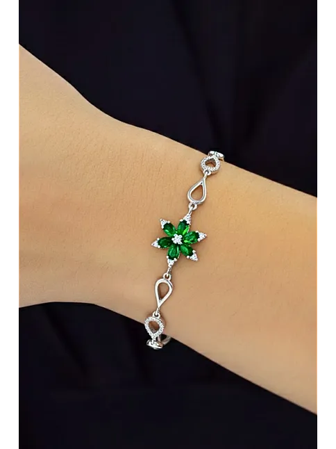 Kadın Gümüş Bileklik - Yeşil Doğal Safir Taşlı Nergis Model Damla Motifli Gümüş Bileklik