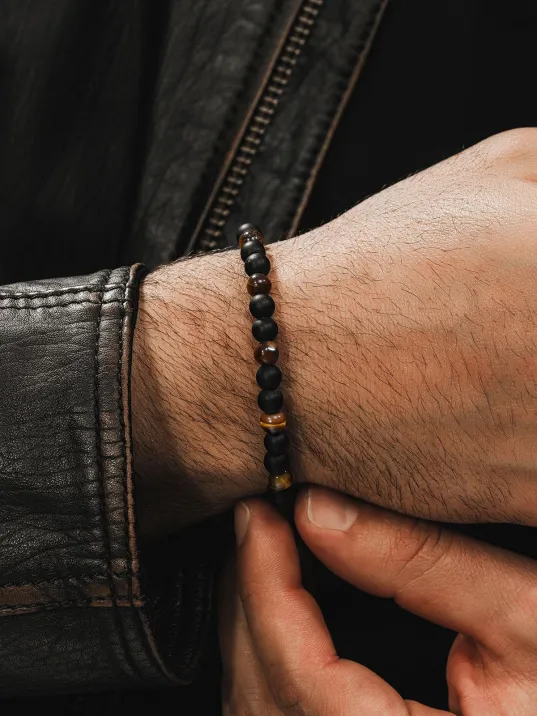 Erkek Doğal Taş Bileklik - Kaplan Gözü ve Oniks Doğal Taş Erkek Bileklik