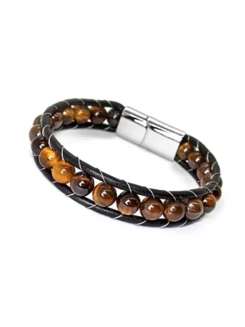 Doğal Taşlı Kaplan Gözü Çift Deri Bileklik DBLZKPNLGOZ-KHR