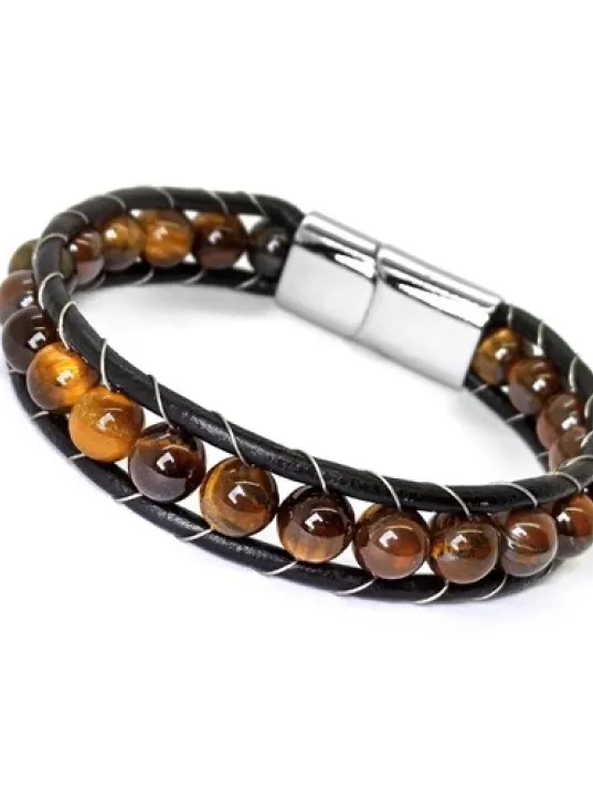 Doğal Taşlı Kaplan Gözü Çift Deri Bileklik DBLZKPNLGOZ-KHR